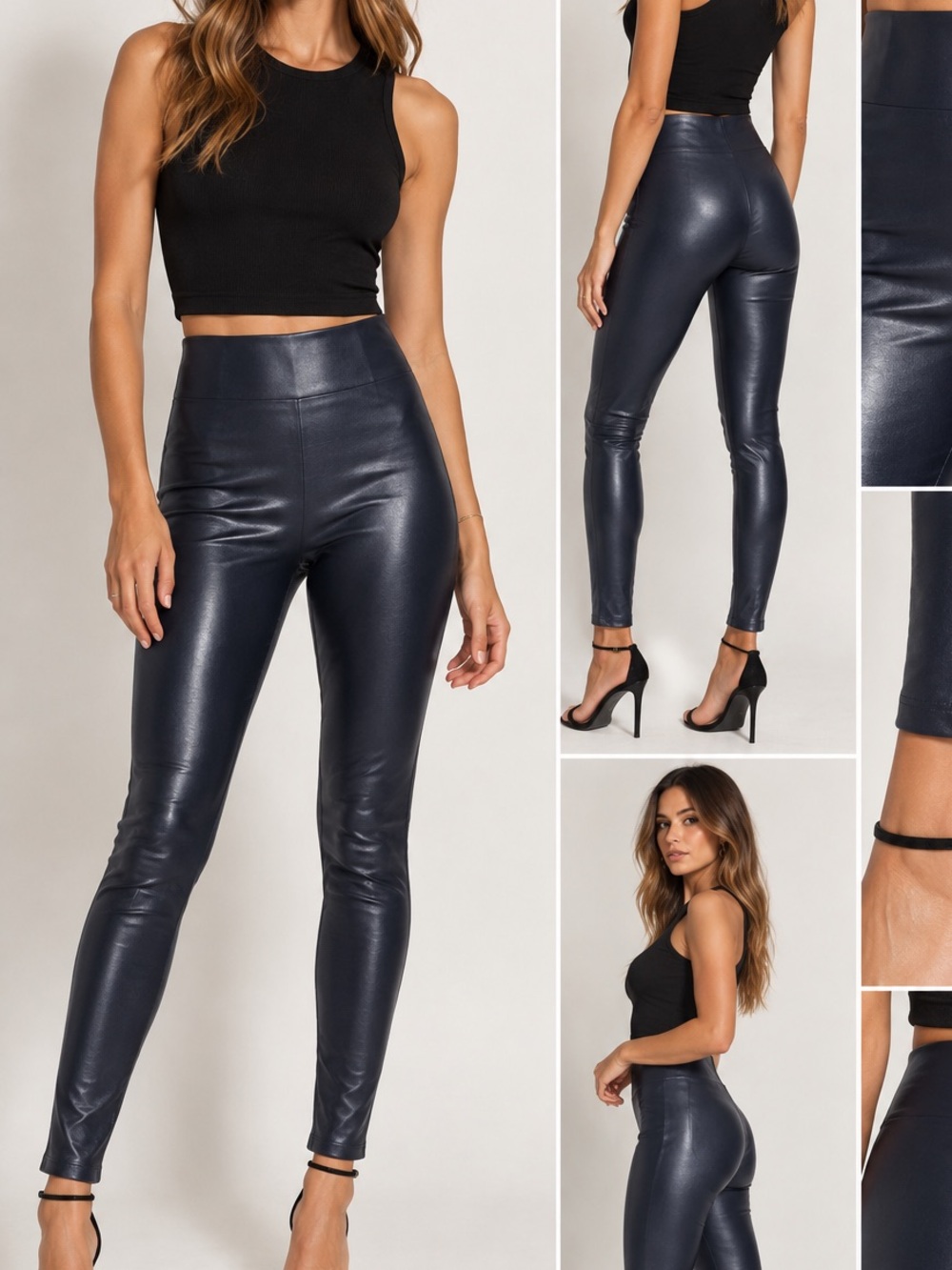 High-Waist Faux Leather Leggings - Navy